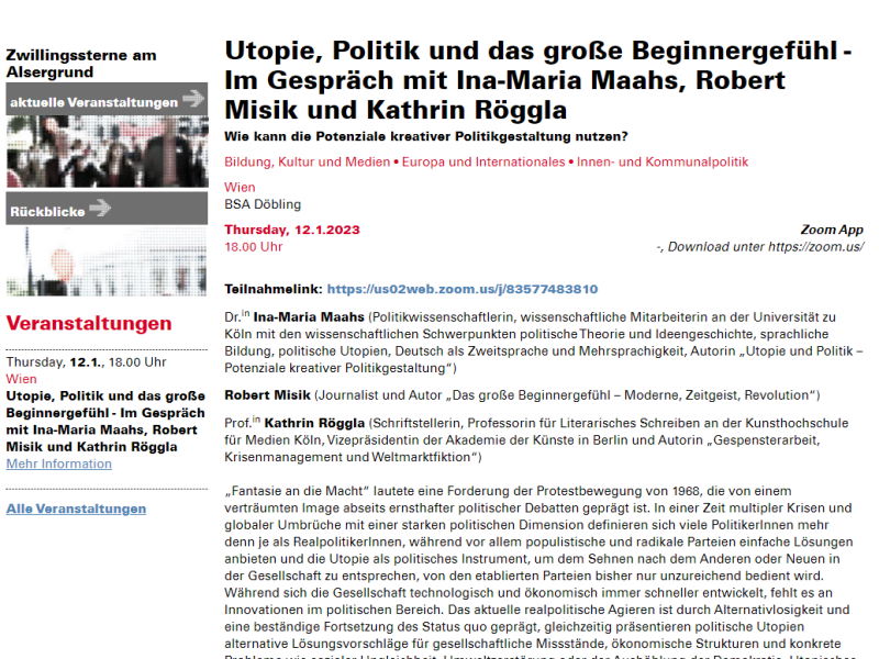 12. Jänner 2023 um 18:00 Uhr: Webinar „Über Utopie und Politik, das große ‚Beginnergefühl'“